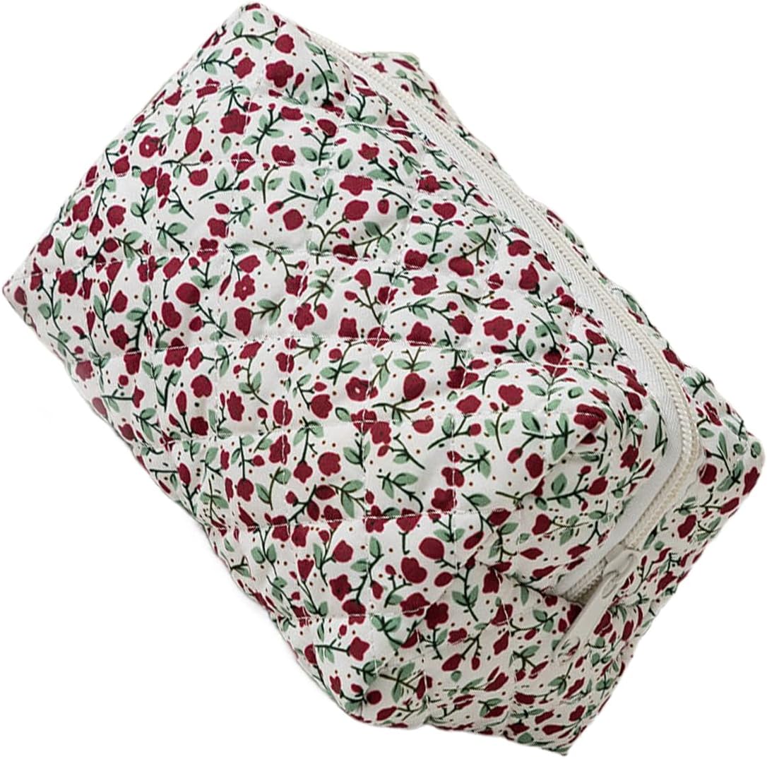 NJCXOLA Travel Cosmetic Bag, Quilted Cosmetic Bag, Floral Pattern Large Capacity Soft Cotton Makeup Bag for Brushes and Beauty Accessories