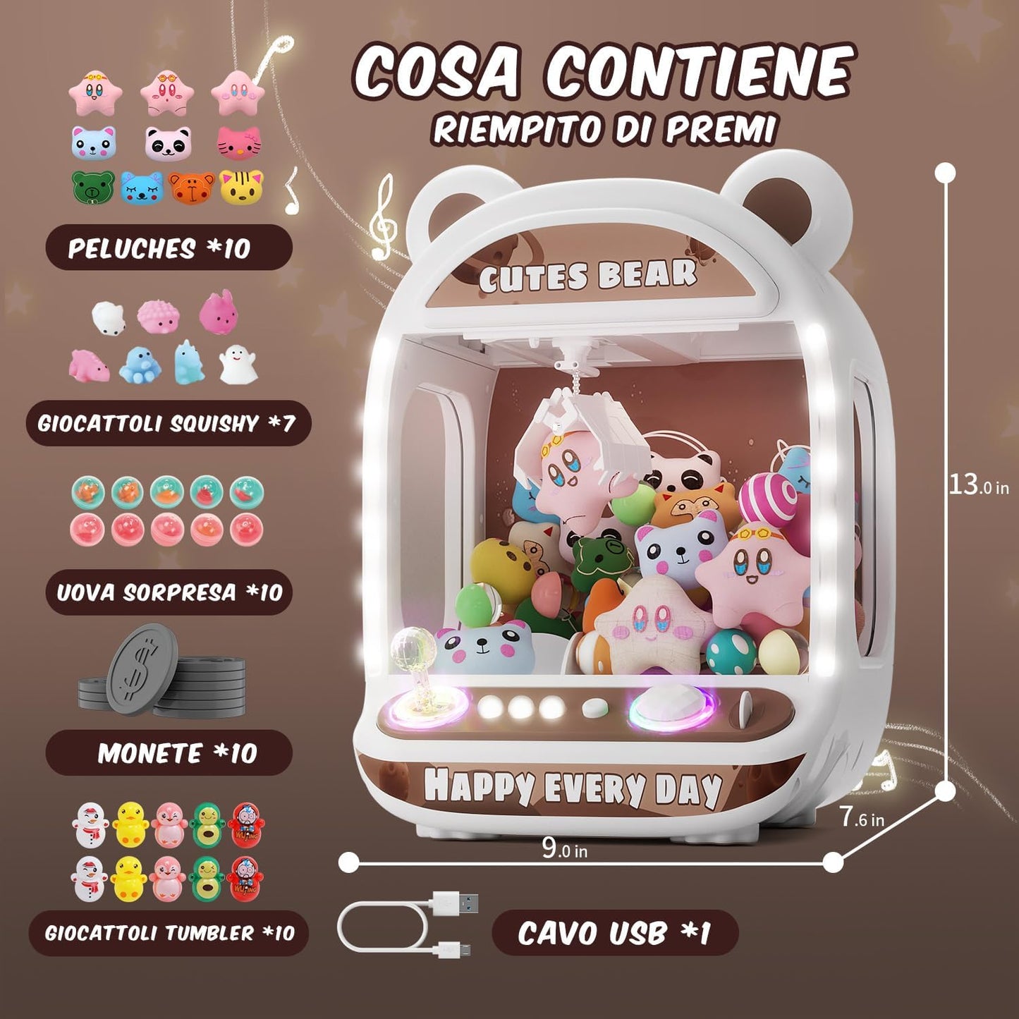 Skirfy Claw Machines for Children, Unicorn Toys for Girls Ages 6 and up, Mini Vending Machine for Arcade Games with Squishy Fidget Toys, Claw Machine, Easy to Control, Brown