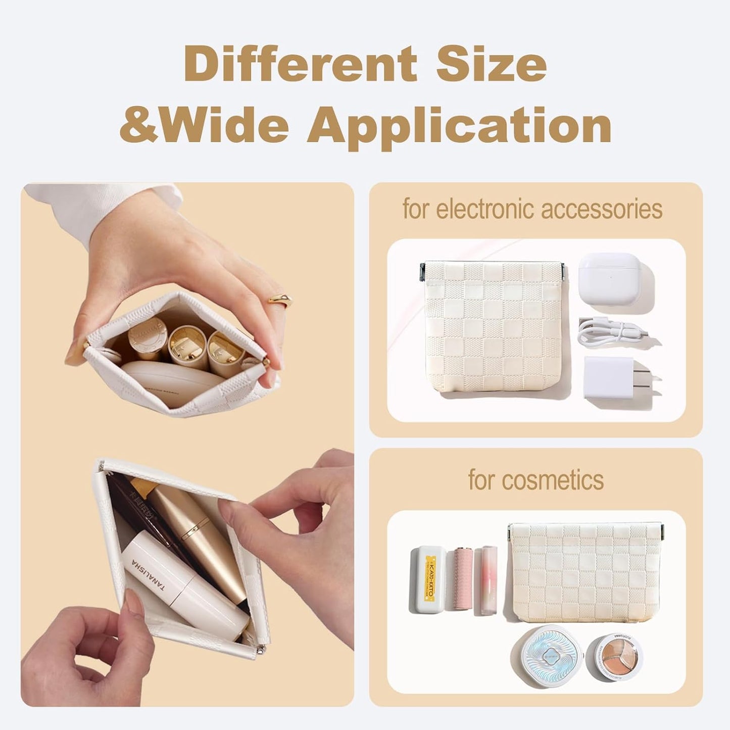 Easyplum 2PCS Leather Pocket Cosmetic Bag for Purse,Coin Purse Lipstick Cosmetic Accessories Organizer, Travel Kit Storage Pouch,Waterproof Portable No Zipper Self-closing Small Makeup Pouch for Women