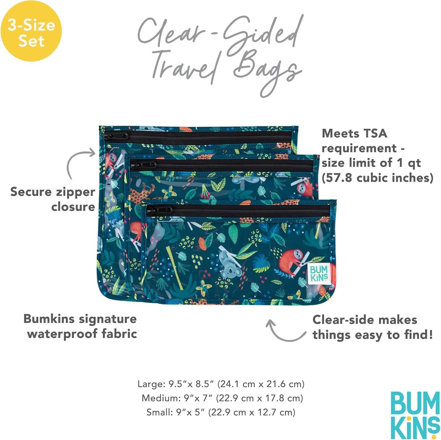 Bumkins Travel Bag, Toiletry, TSA Approved Pouch, Zip Bag, Quart Size Airline Compliant, Clear-Sided, Baby, Diaper Bag Organization, Makeup, Accessories, Packing, Set of 3 Sizes, Jungle