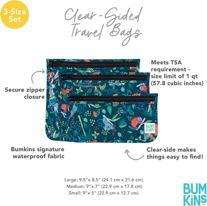 Bumkins Travel Bag, Toiletry, TSA Approved Pouch, Zip Bag, Quart Size Airline Compliant, Clear-Sided, Baby, Diaper Bag Organization, Makeup, Accessories, Packing, Set of 3 Sizes, Jungle