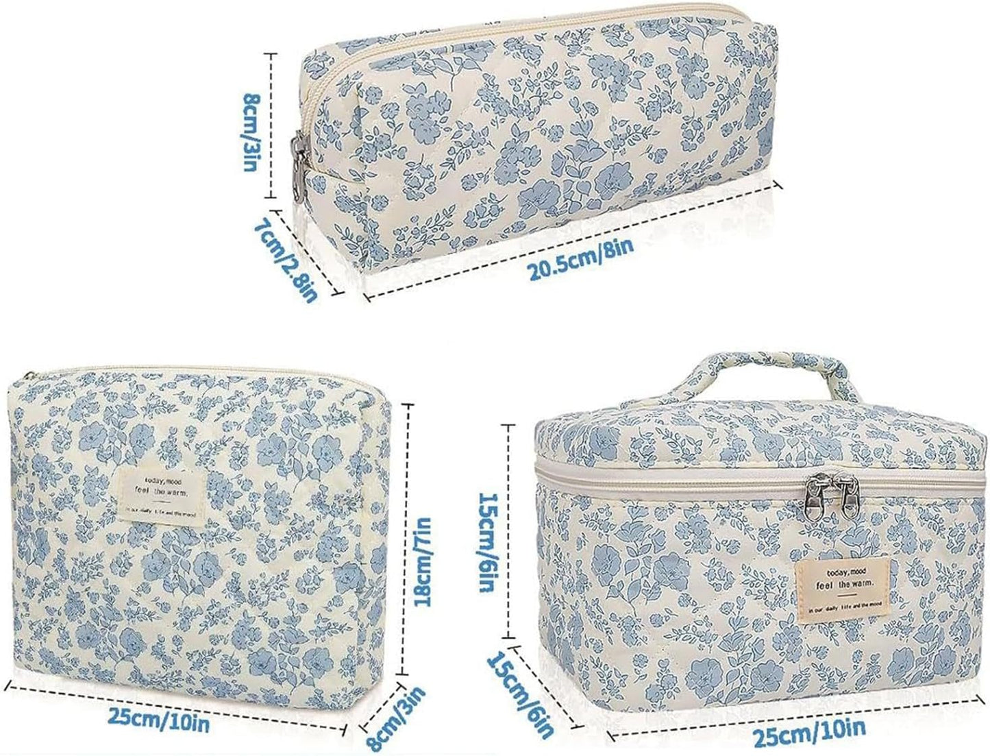 Floral Makeup Bag Set, 3-Piece Quilted Cosmetic Organizer, Blue, Travel Toiletry Pouch, Cotton Carry Bag for Brushes, Shampoo, Facial Cleanser, Accessories, blue, Please refer to description