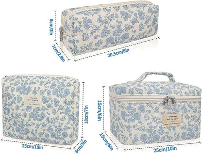 Floral Makeup Bag Set, 3-Piece Quilted Cosmetic Organizer, Blue, Travel Toiletry Pouch, Cotton Carry Bag for Brushes, Shampoo, Facial Cleanser, Accessories, blue, Please refer to description