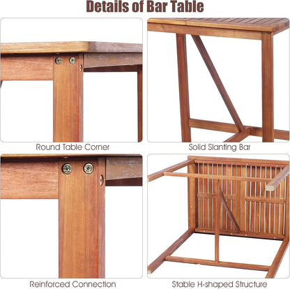 COSTWAY 3PCS Bar Table Set, Outdoor Acacia Wood Dining Set, Spacious Tabletop, Comfortable Backrest, Suitable for Sunroom, Backyard, Balcony, Space-Saving Design