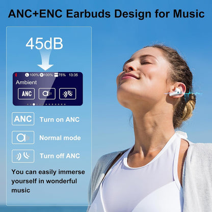 Smart Earphones with Touchscreen, Touch Screen Earbuds, 13 Functions Wireless Headphones Bluetooth 5.4, Touch Buds with LED Screen, ANC/ENC Noise Cancelling, 40H Playtime, for iOS Android, White