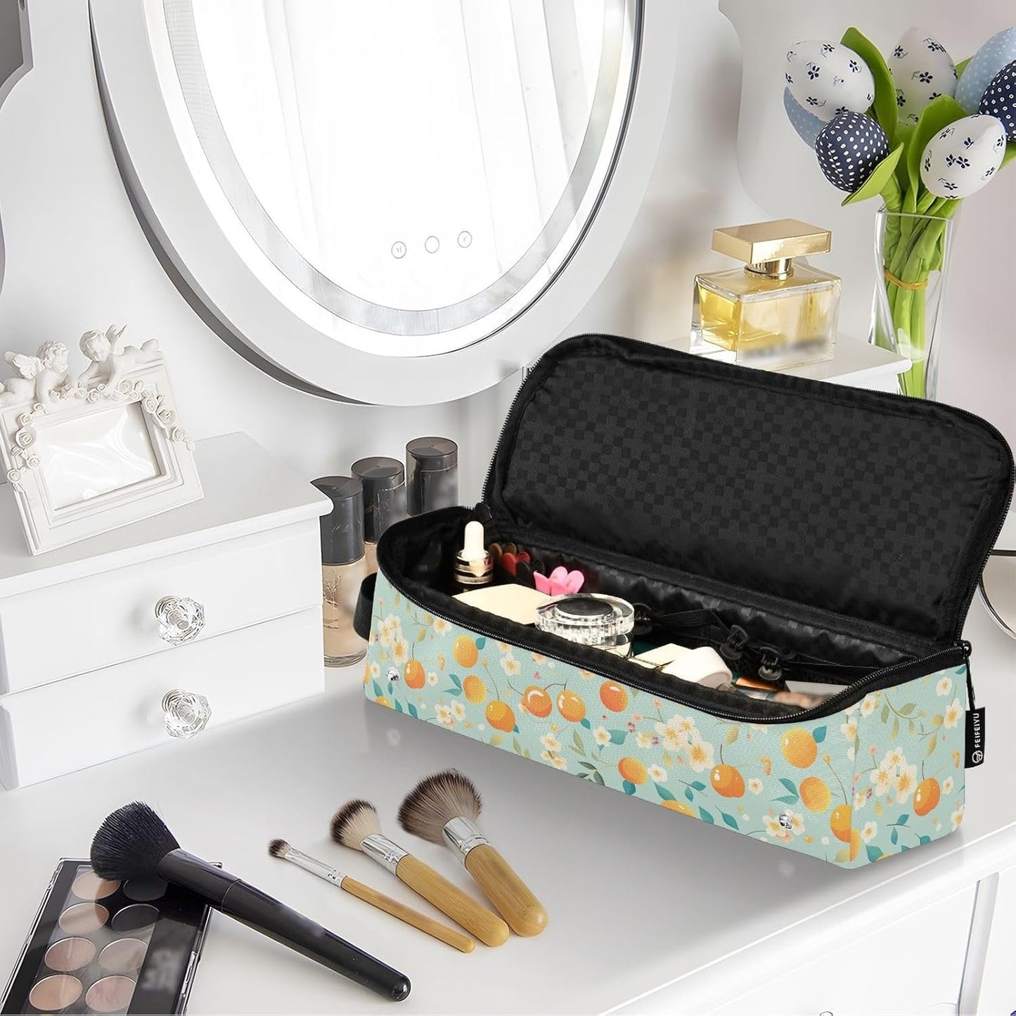 Borsa da viaggio per utensili da donna con tappetino rimovibile resistente al calore, borsa da viaggio organizer per utensili caldi e accessori per la cura dei capelli, essenziali da viaggio per donne