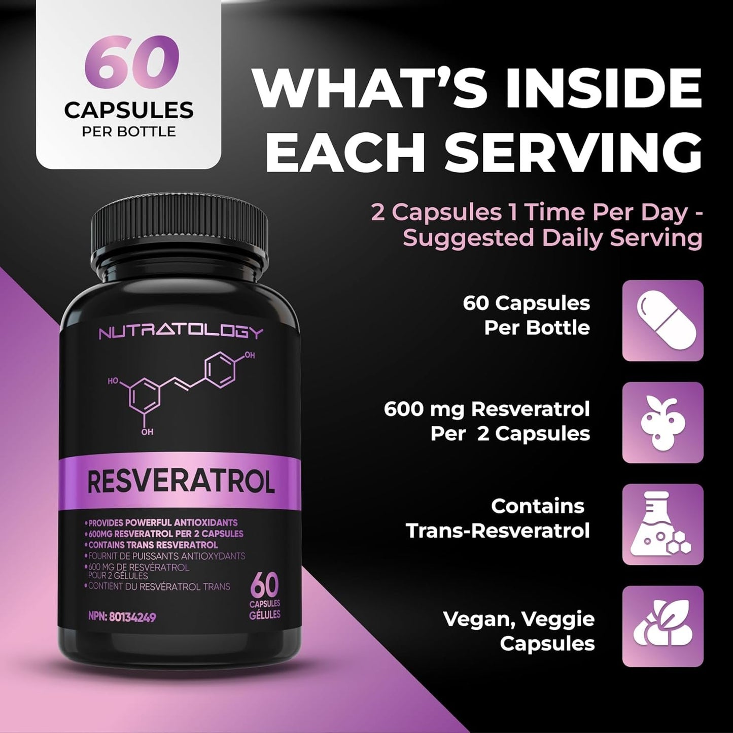 Nutratology Resveratrol Supplement - 600MG Per 2 Capsules - Antioxidant Supplement - Anti Aging Trans Resveratrol - Increases Cardiovascular Health, Cell Regeneration+Hair Growth - 60 Caps