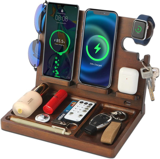Xunhomon Wireless Charging Station, 27W Wood Phone Docking Station, 3 in 1 Wireless Charger Apple For 2 iPhone,Samsung,Android,Apple Watch,Air Pod,Galaxy Buds, Nightstand Desk Organizer, Gifts for Men