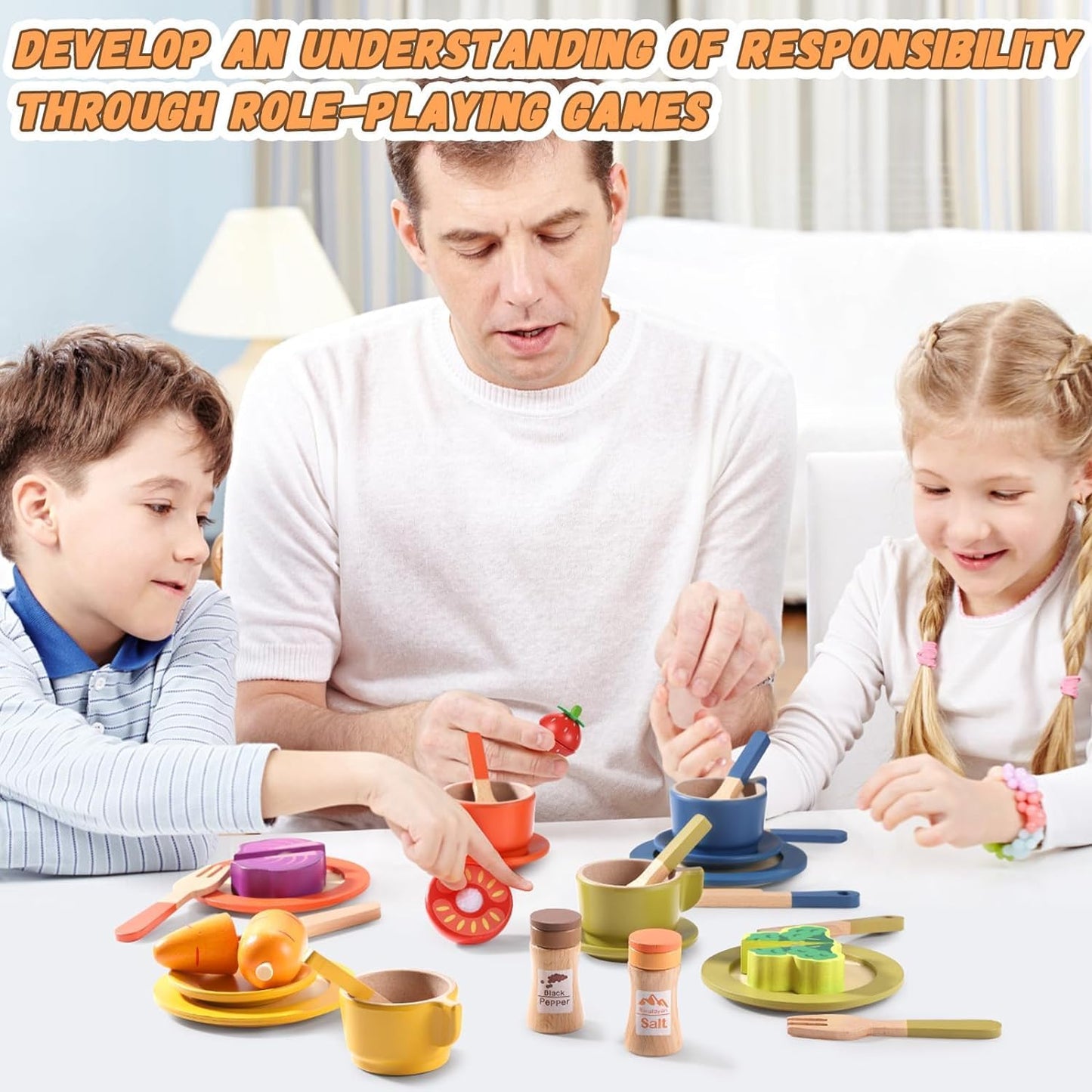 XICEN Wooden Dish Set for Kids, Play Dishes for Kids Kitchen, Wood Plates Set for Toddler, Montessori Wooden Kitchen Toys Accessories