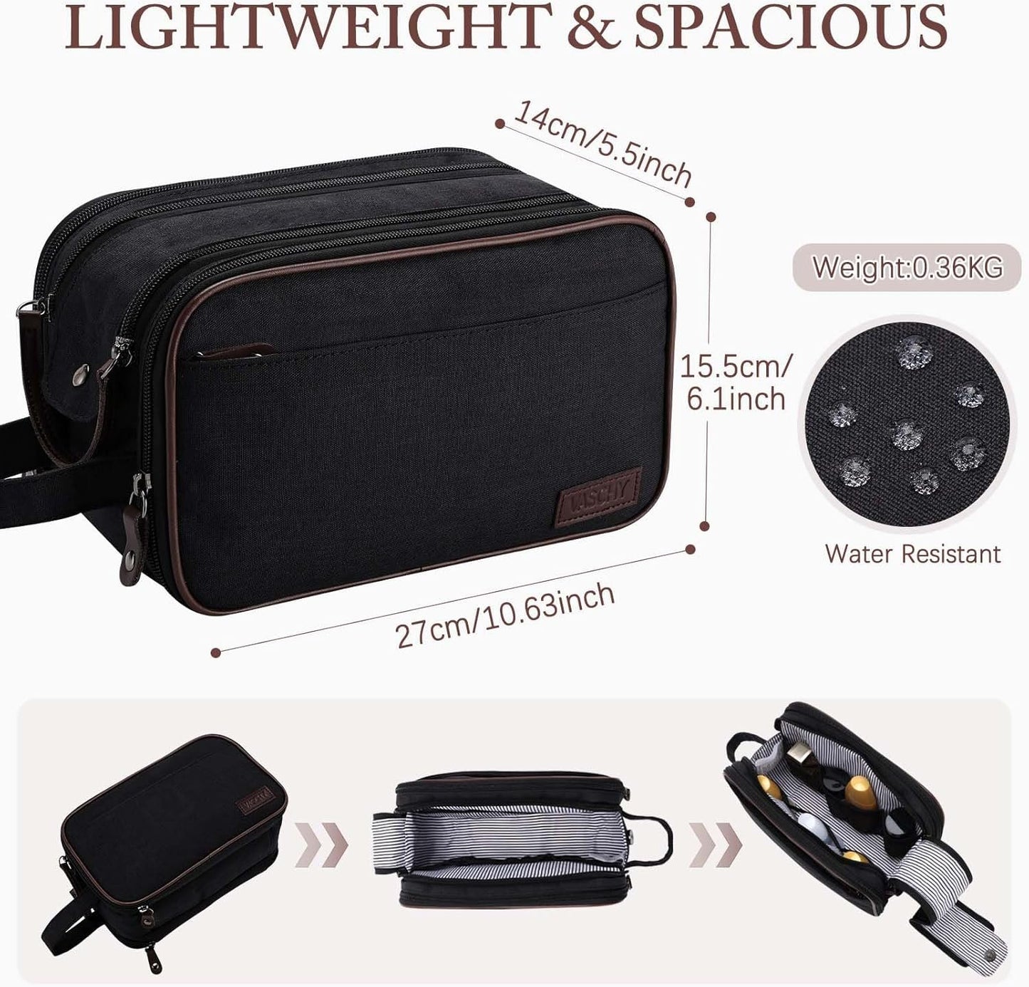 Toiletry Bag for Men Women, VASCHY Large Travel Toiletry Bag with Multi-Compartment Water Resistant Hanging Dopp Kit Shaving Bag for Bathroom, Cosmetic, Gym, Outdoor Black