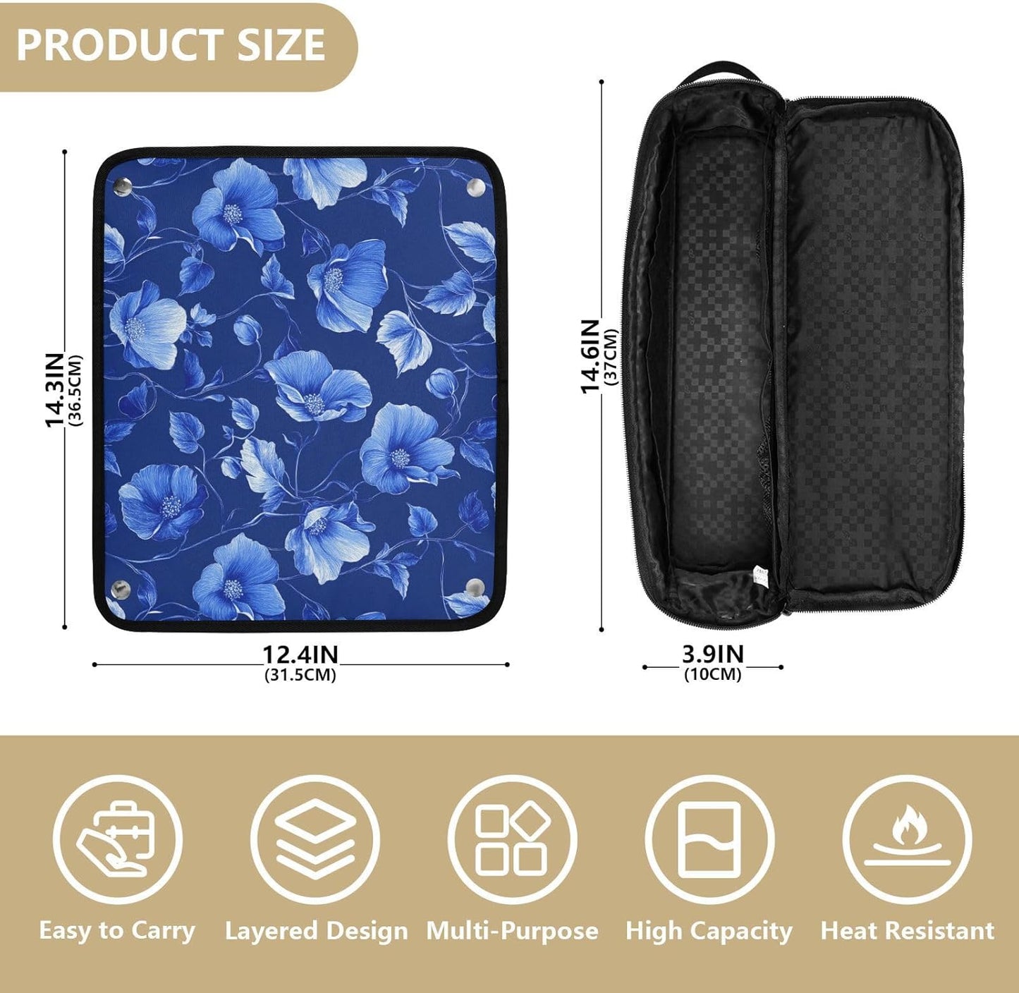 Deep Blue Flowers 2 in 1 - Organizer per strumenti per capelli con tappetino resistente al calore, custodia da viaggio portatile per utensili caldi e accessori per la cura dei capelli