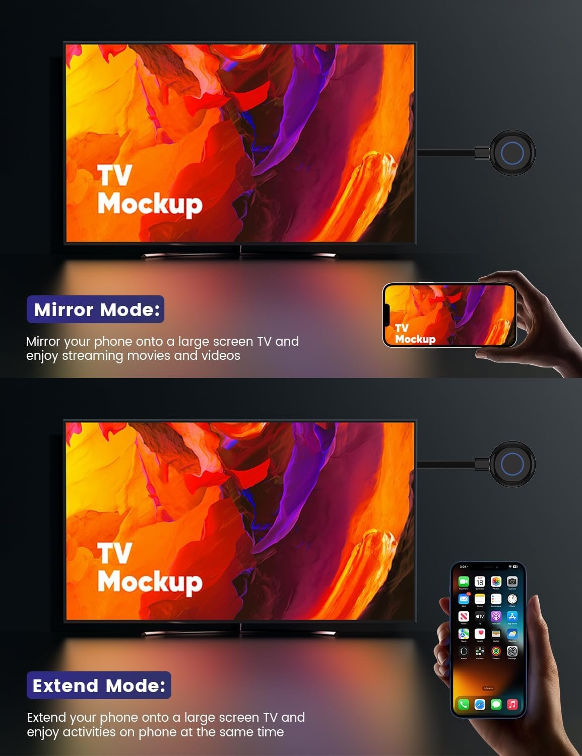 Wireless HDMI Display Dongle Adapter, 1080P HD Streaming for Laptop,PC,Smartphone to HDTV/Projector, Compatible with Android, iOS,Windows,and MacOS