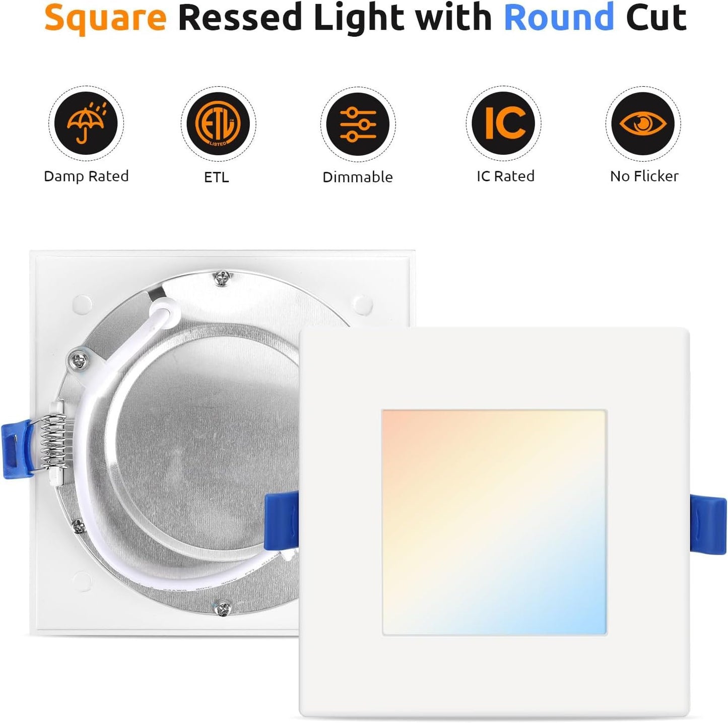 HONZIN 6 Pack 6 Inch Square LED Pot Lights, 5CCT Selectable 2700K–5000K, Dimmable Recessed Ceiling Light with Junction Box, 13W Ultra-Thin IC Rated, White Trim