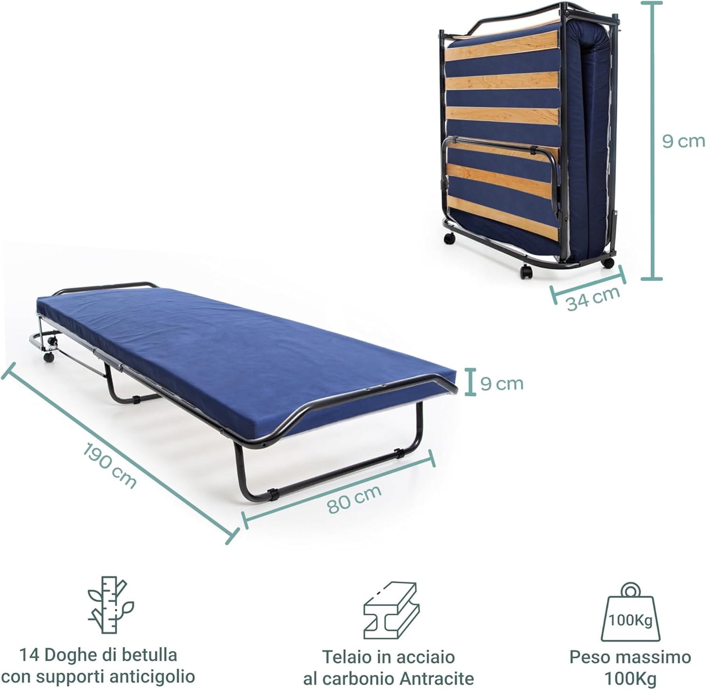 DOLCI SOGNI White 80 x 190 cm 100% Made in Italy, Retractable Bed with Wooden Slatted Base and Mattress, Pull-Out Folding Bed
