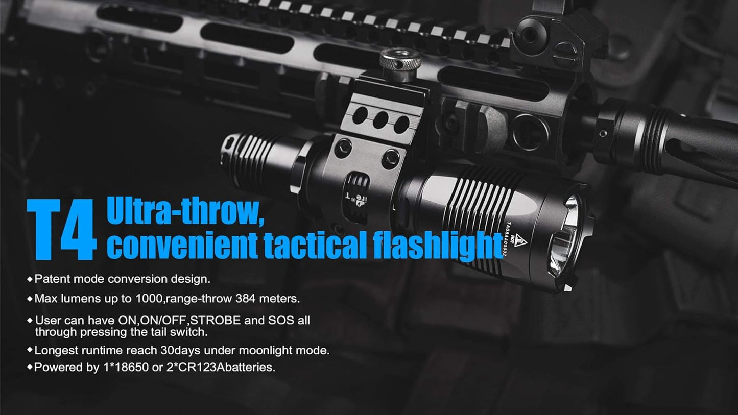 TrustFire T4 LED Tactical Torch 1000 Lumens IPX8 Flashlight - Professional Tac Light Torch Flashlight - Black Bezel EDC Super Bright 18650 Flash Light for Home Hunting Camping Outdoors (T4 Without Battery)