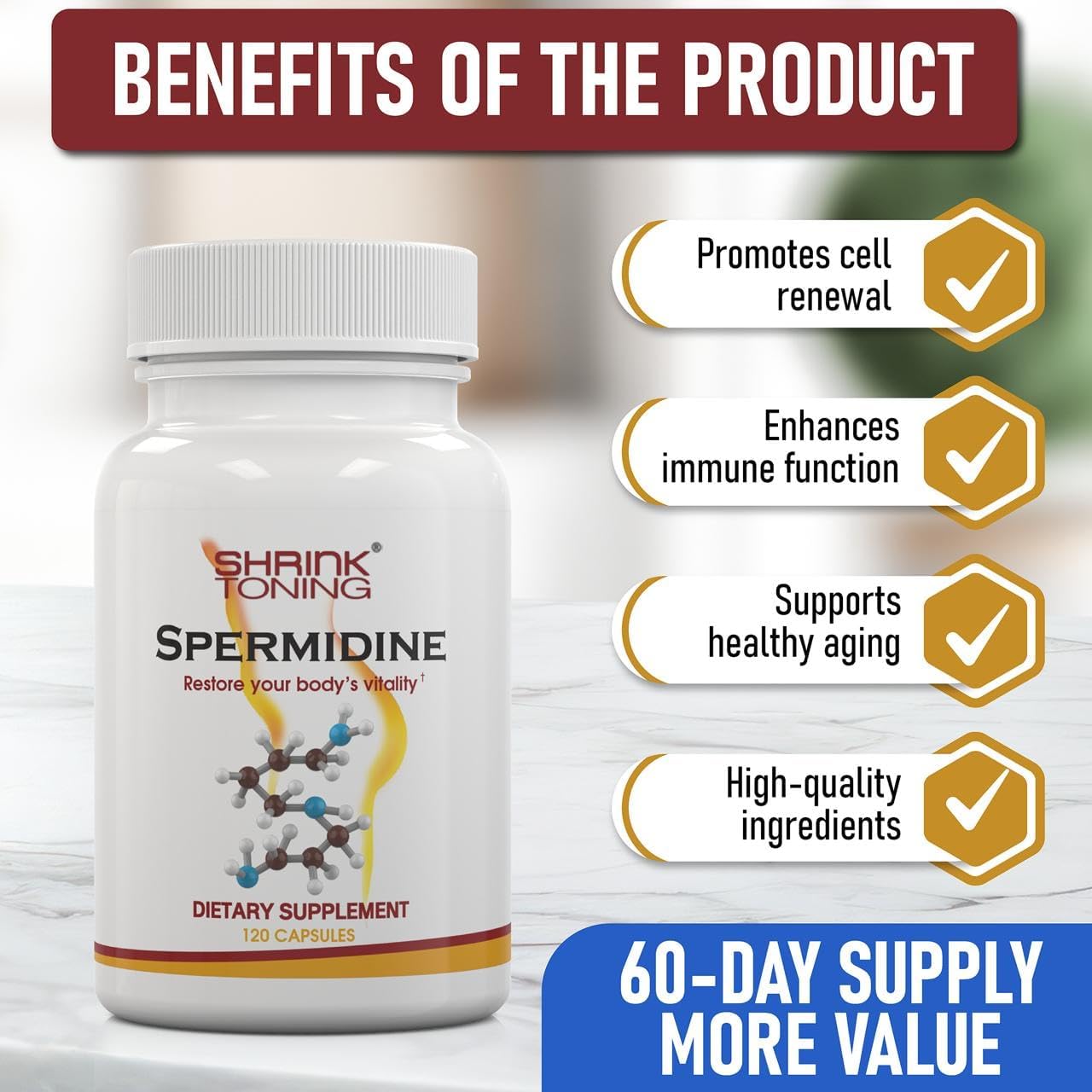 Shrink Spermidine Supplements Skin & Anti-Aging Support – 120 Vegan Caps 100% Natural Polyamine for Men and Women, Overall Wellness – Non-GMO, USA Made – with High Spermidine, Zinc & Thiamin