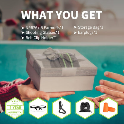 Hocazor Shooting Ear Protection Earmuffs with NRR 26dB, Safety Glasses for Men, Eyes and Ears Belt Clip Holder, HZ03 Perfect for Gun range, Hunting, Mowing-Green