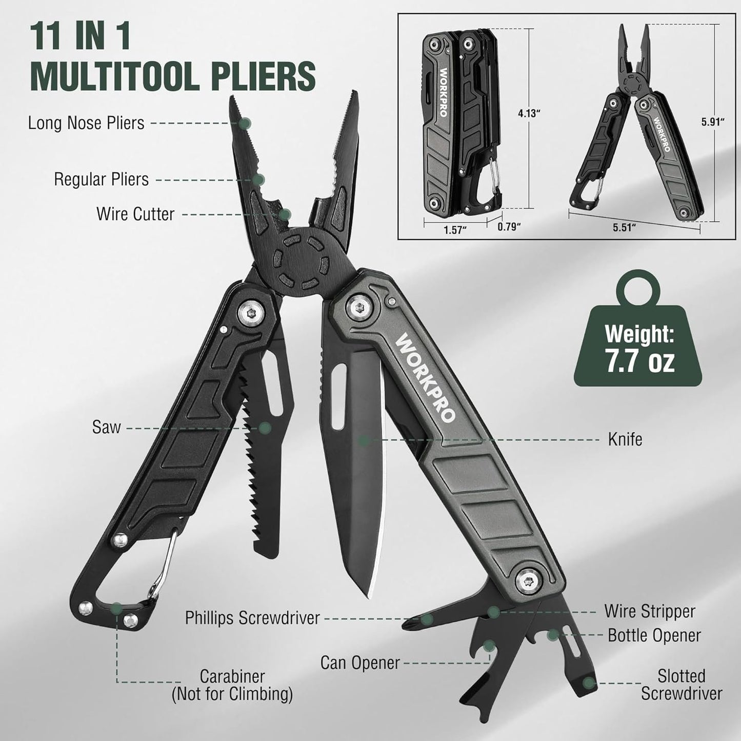 WORKPRO 11-in-1 Stainless Steel Multitool Pliers - EDC Multi-Tool with Safety Lock, Pocket Clip & Sheath - 220g Camping Knife, Screwdriver, Saw, Wire Cutter & Bottle Opener