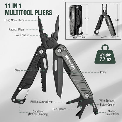 WORKPRO 11-in-1 Stainless Steel Multitool Pliers - EDC Multi-Tool with Safety Lock, Pocket Clip & Sheath - 220g Camping Knife, Screwdriver, Saw, Wire Cutter & Bottle Opener
