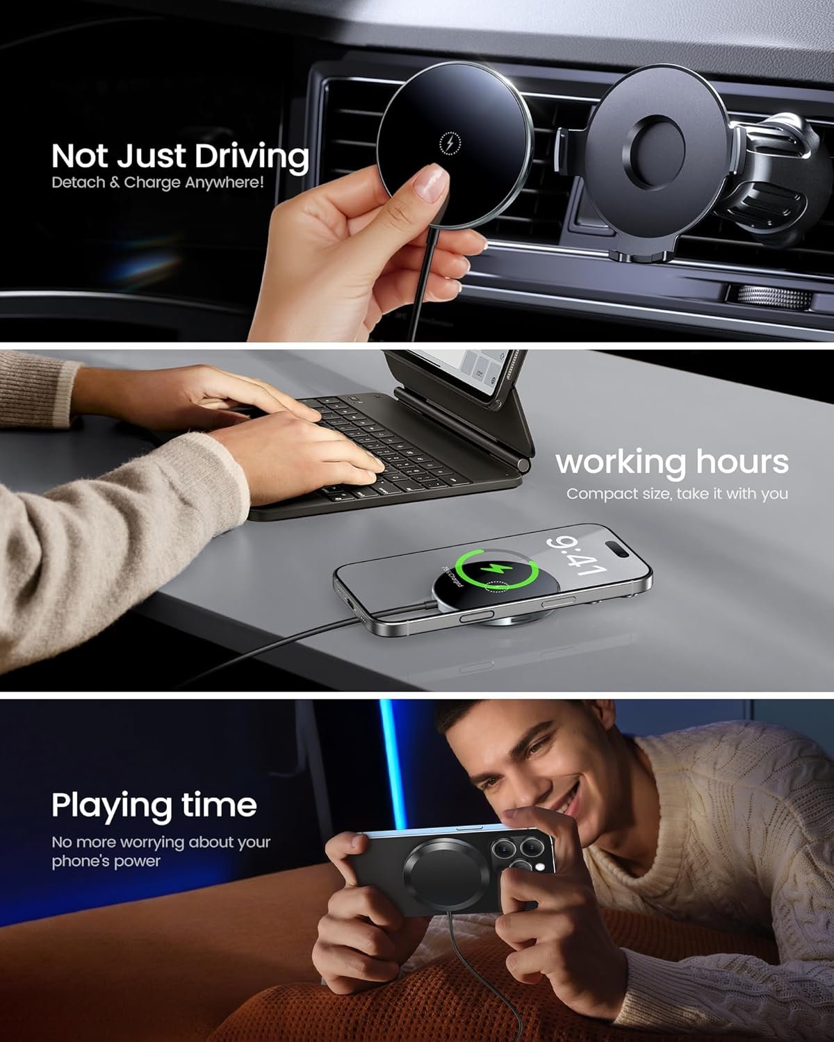 Hoonyer Magnetic Car Mount Charger,Car Phone Holder Mount, Air Vent/Dashboard,15W Fast Magnetic Car Charger for iPhone 16/15/14/13/12 Series, Fast Charging, Black