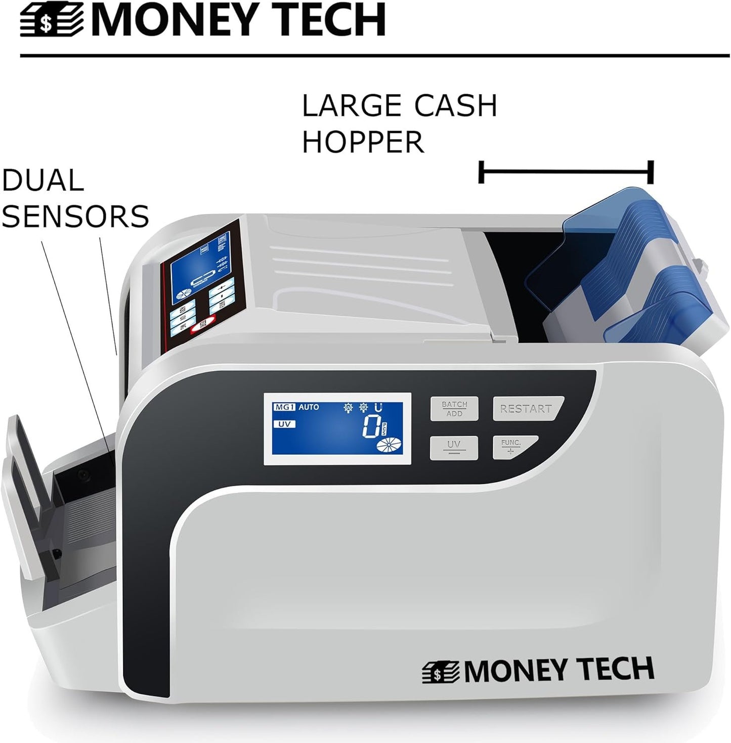 Money Tech Professional Polymer & Paper Multi-Currency Bill Cash Counter. Canadian Plastic & USD Banknote Counting Machine with Counterfeit Detection and LCD Screens.