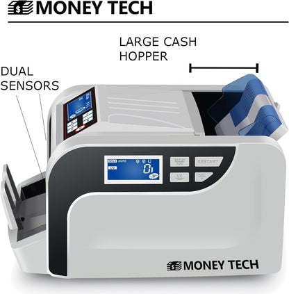 Money Tech Professional Polymer & Paper Multi-Currency Bill Cash Counter. Canadian Plastic & USD Banknote Counting Machine with Counterfeit Detection and LCD Screens.