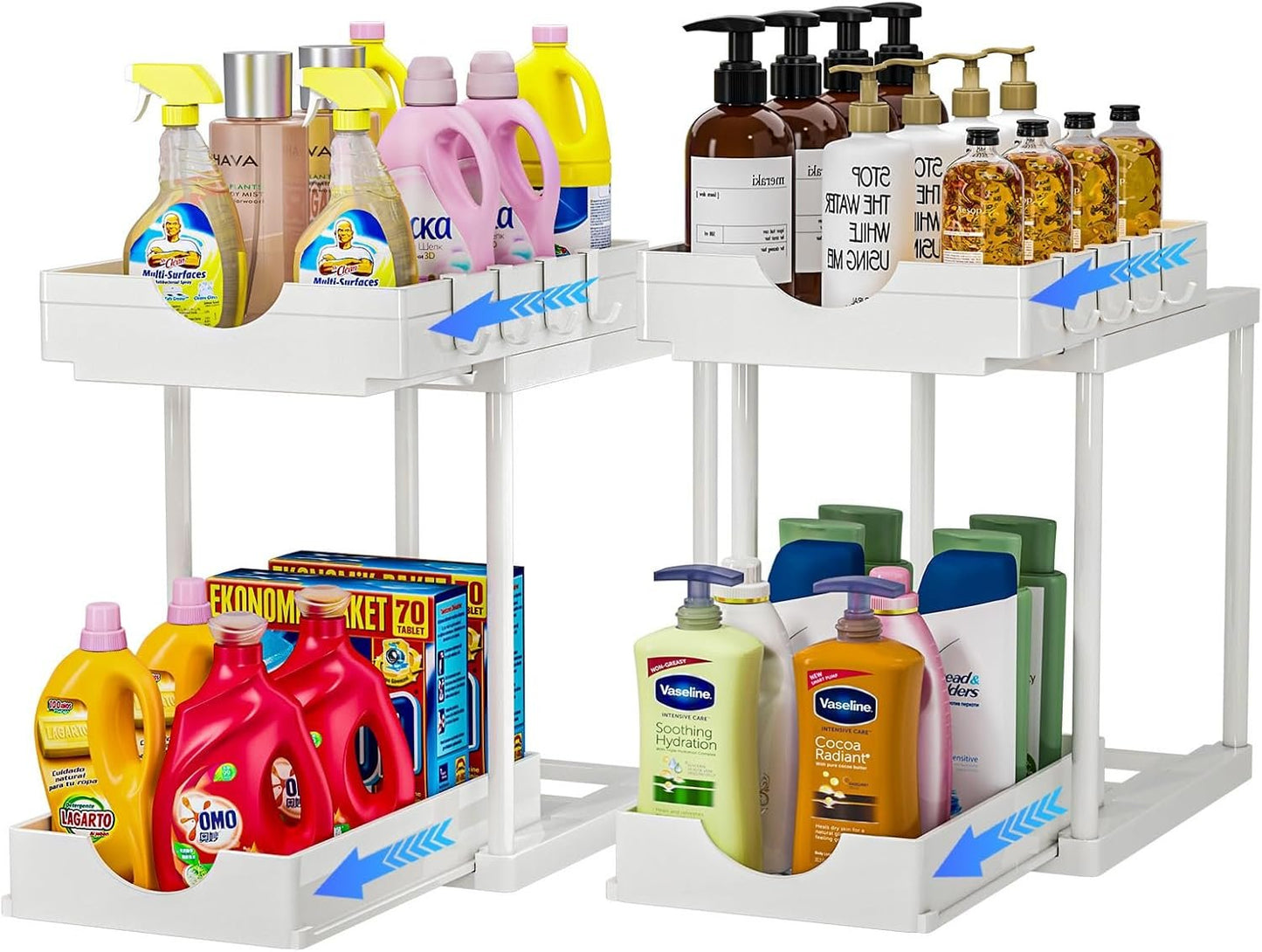 ARSTPEOE 2 Pack Double Sliding Under Sink Organizers and Storage,Two Tier Bathroom Storage and organization,Under Cabinet Organizer with Hooks Hanging Cup,Home Organization,White