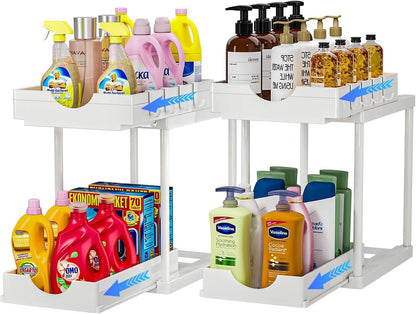 ARSTPEOE 2 Pack Double Sliding Under Sink Organizers and Storage,Two Tier Bathroom Storage and organization,Under Cabinet Organizer with Hooks Hanging Cup,Home Organization,White