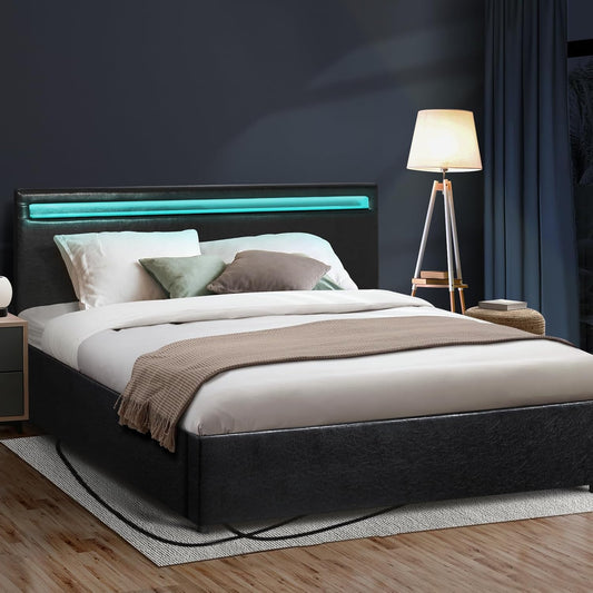 Oikiture Bed Frame Double Size Pu Leather Bed Frame Gas Lift with Storage and LED Light Bed Base Black