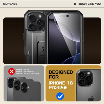 SUPCASE for iPhone 16 Pro Case with Screen Protector (Unicorn Beetle Pro), [Built-in Stand & Belt-Clip] [Military-Grade Protection] Full Body Heavy Duty Phone Case for iPhone 16 Pro 6.3'' 2024, Black