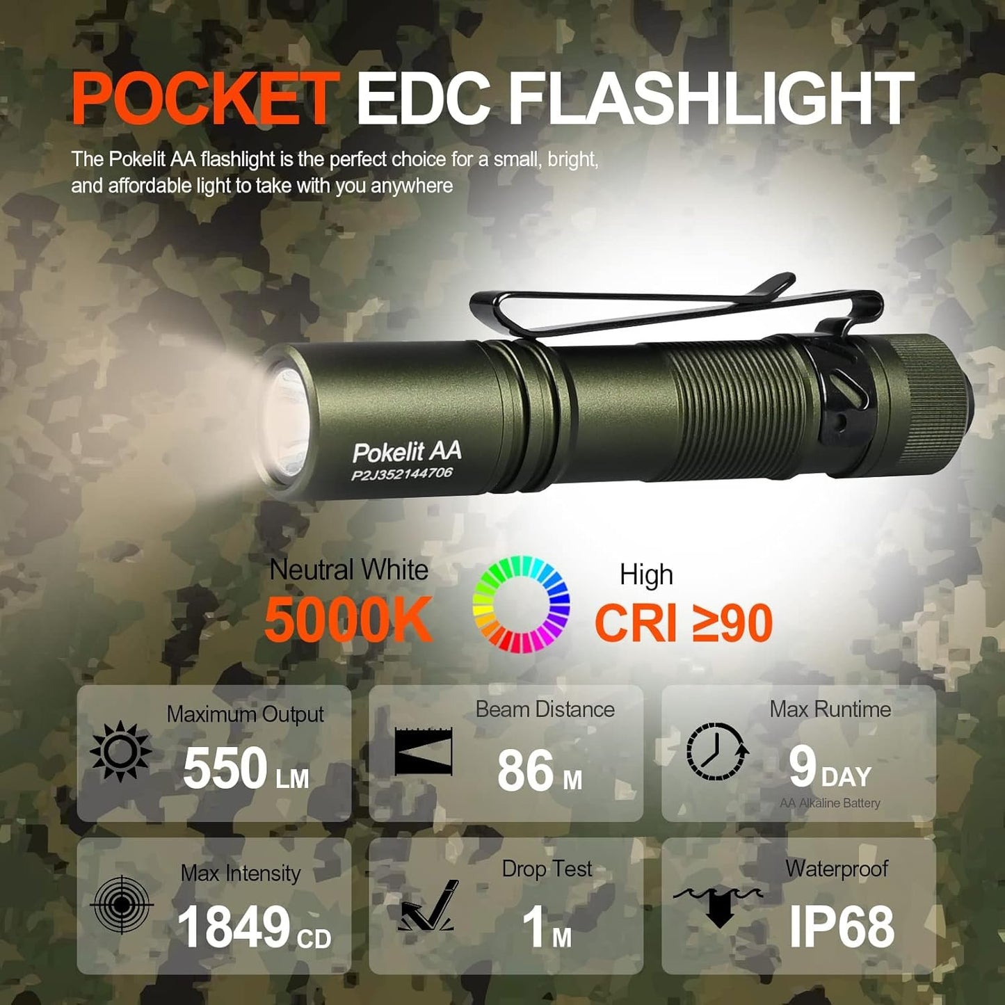 ACEBEAM Pokelit AA Rechargeable Mini Flashlight with Clip, 550 High Lumens Pocket EDC Flashlight, Super Bright Small Flashlight, 90+ High CRI Led Flashlight for Camping,Hiking,Everyday Use(Dark Green)