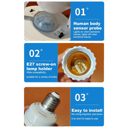 E27 Motion Activated Light Socket Adapter - Smart Bulb Holder With Auto On/Off Feature For Porch, Basement, And Storage Room - Motion Sensor Lamp Socket For Efficient Lighting Control - Ideal For