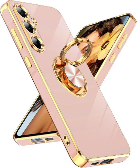 LeYi for Samsung Galaxy A55-5G Case: Samsung A55 Case with Slim Fit Soft 360° Ring Holder Kickstand Support Car Mount Shockproof Plated Gold Edge for Galaxy A55 5G Case, Pink