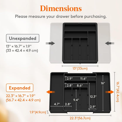 Lifewit Expandable Silverware Drawer Organizer, 22.4 x 16.7 x 2 inches, Adjustable Utensil Cutlery Tray for kitchen, Plastic Flatware Spoon Fork Knives Holder Storage Divider,1 Pack, Black