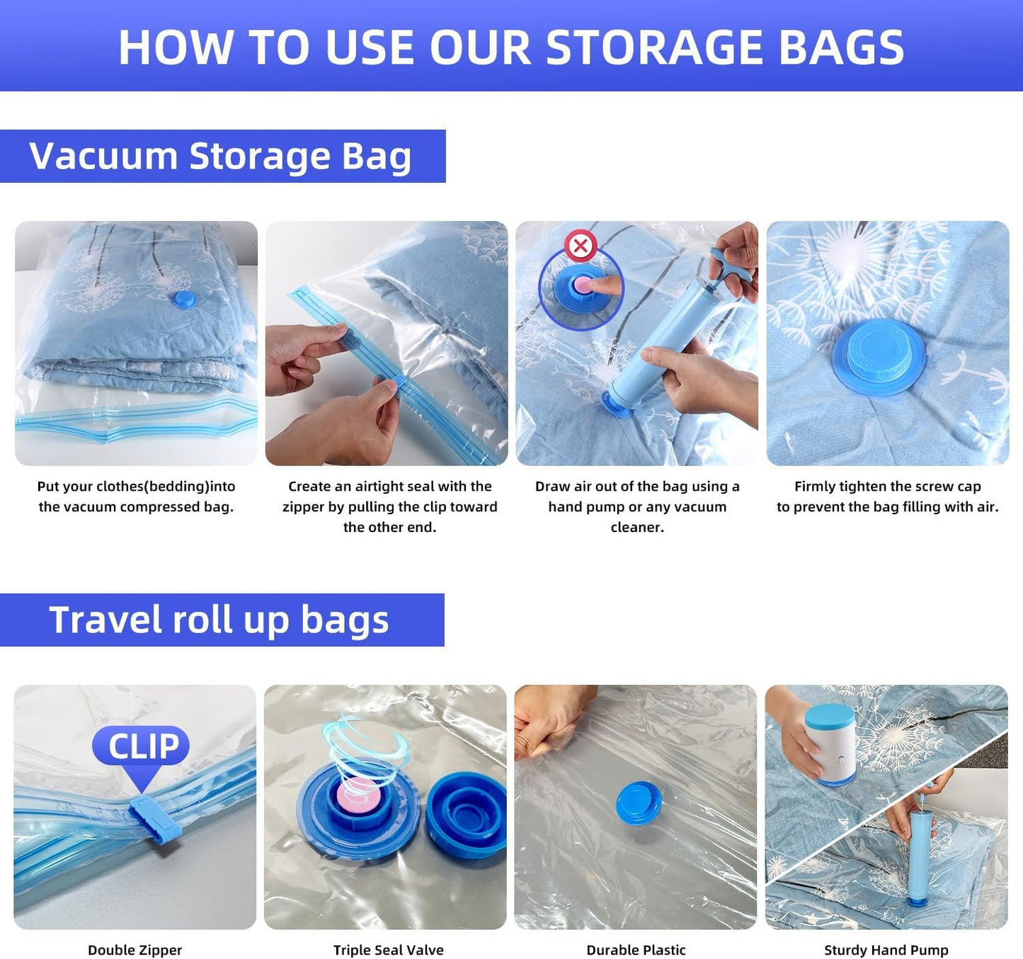 KFYM 20 Pack Vacuum Storage Bags, Space Saver Bags with Hand Pump, Vacuum Seal Bags for Clothing, Organization and Storage, Comforters, Pillows, Towels, Blankets, Bedding, Moving Supplies