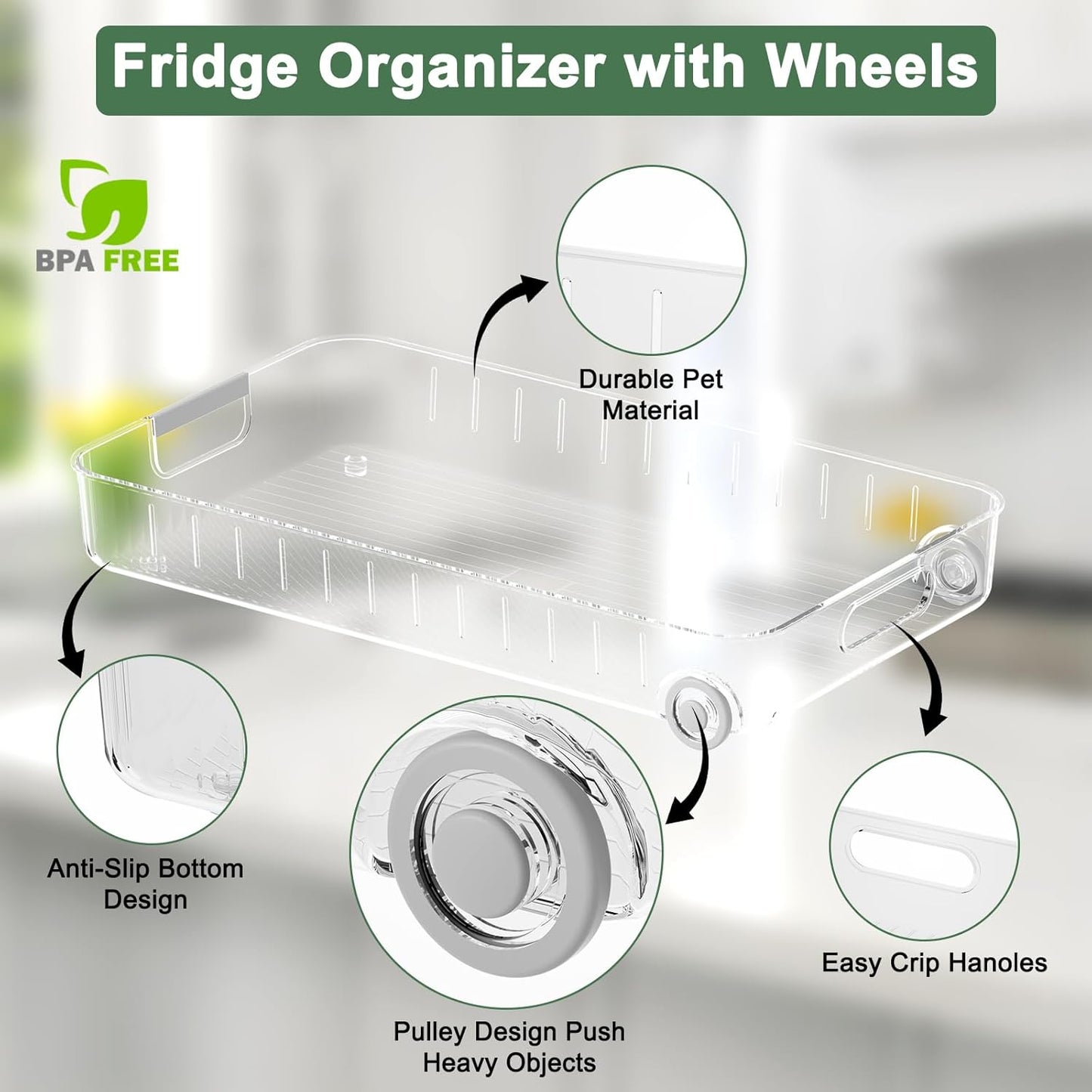 Refrigerator Organizers and Storage 2 Pack Roll Out Storage Bins Fridge Organizer with Wheels BPA-Free Clear Plastic Storage Bins Pantry Organizers and Storage