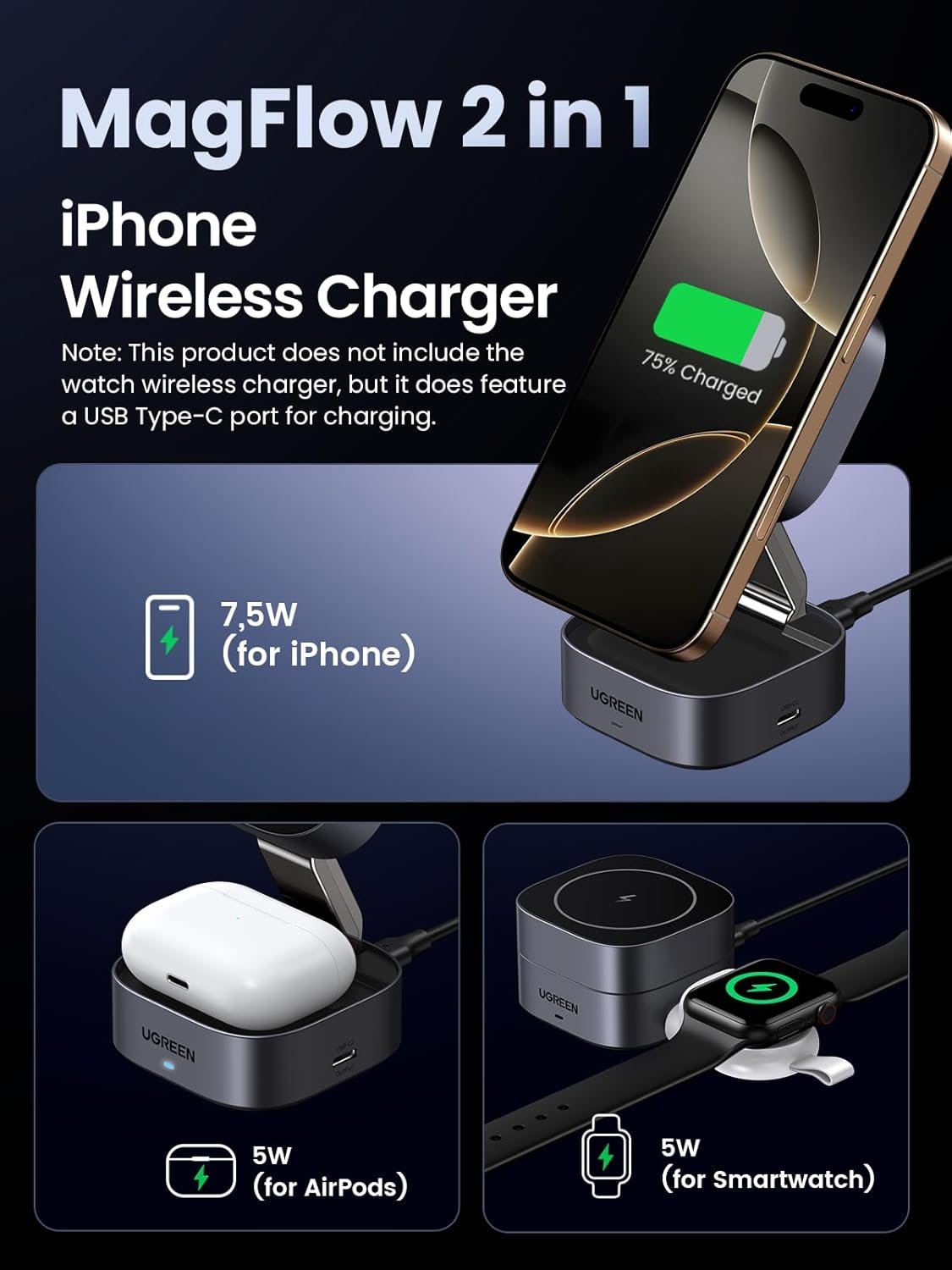 UGREEN MagFlow Wireless Charger, 15W Fast Charge, 2 in 1 Magsafe Charging Stand, Portable Travel Essential, Compatible with iPhone 16/15/14/13/12 Series, AirPods 3/2/Pro (No AC Adapter)