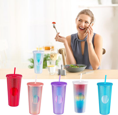 24oz Studded Tumbler with Lid & Straw,Glitter Reusable BPA Free Plastic Textured Water Bottle Drinking Cup,Double Wall Mug,Travel Friendly Water/Iced Coffee/Smoothie,Perfect for Home&Outdoor (White)