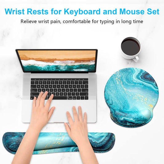 Dapesuom Keyboard Wrist Rest and Mouse Pad with Wrist Support, Memory Foam Cushion for Keyboard and Mouse Set, Ergonomic Desktop Pad Rests with Non Slip Base for Easy Typing & Pain Relief, Ocean Blue