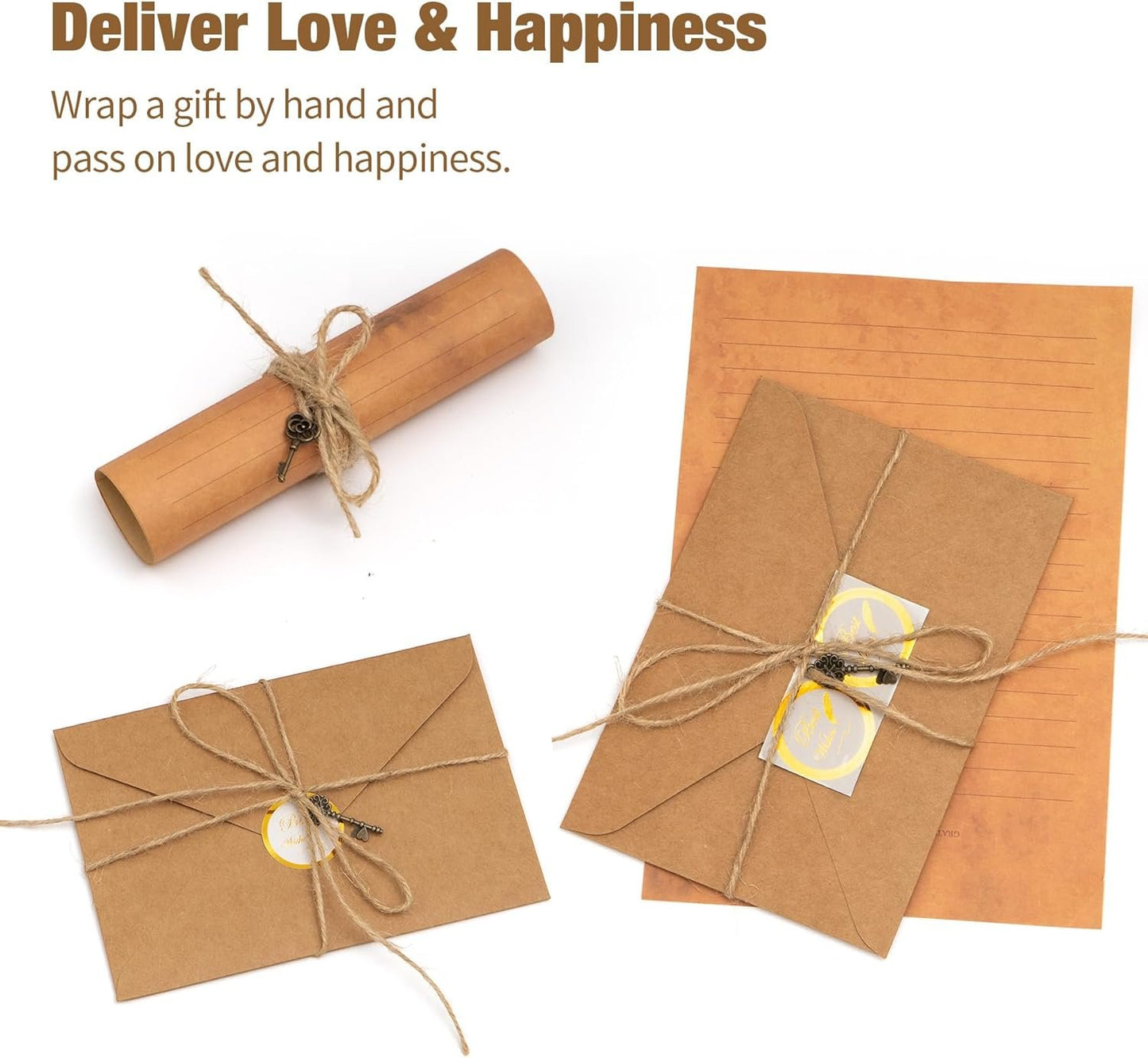 RAORAOYUE 5 Set Vintage Stationery Paper and Envelopes Set, 20 Stationary Paper 10 Kraft Envelopes 10 Sealing Sticker 10 Metal Accessories