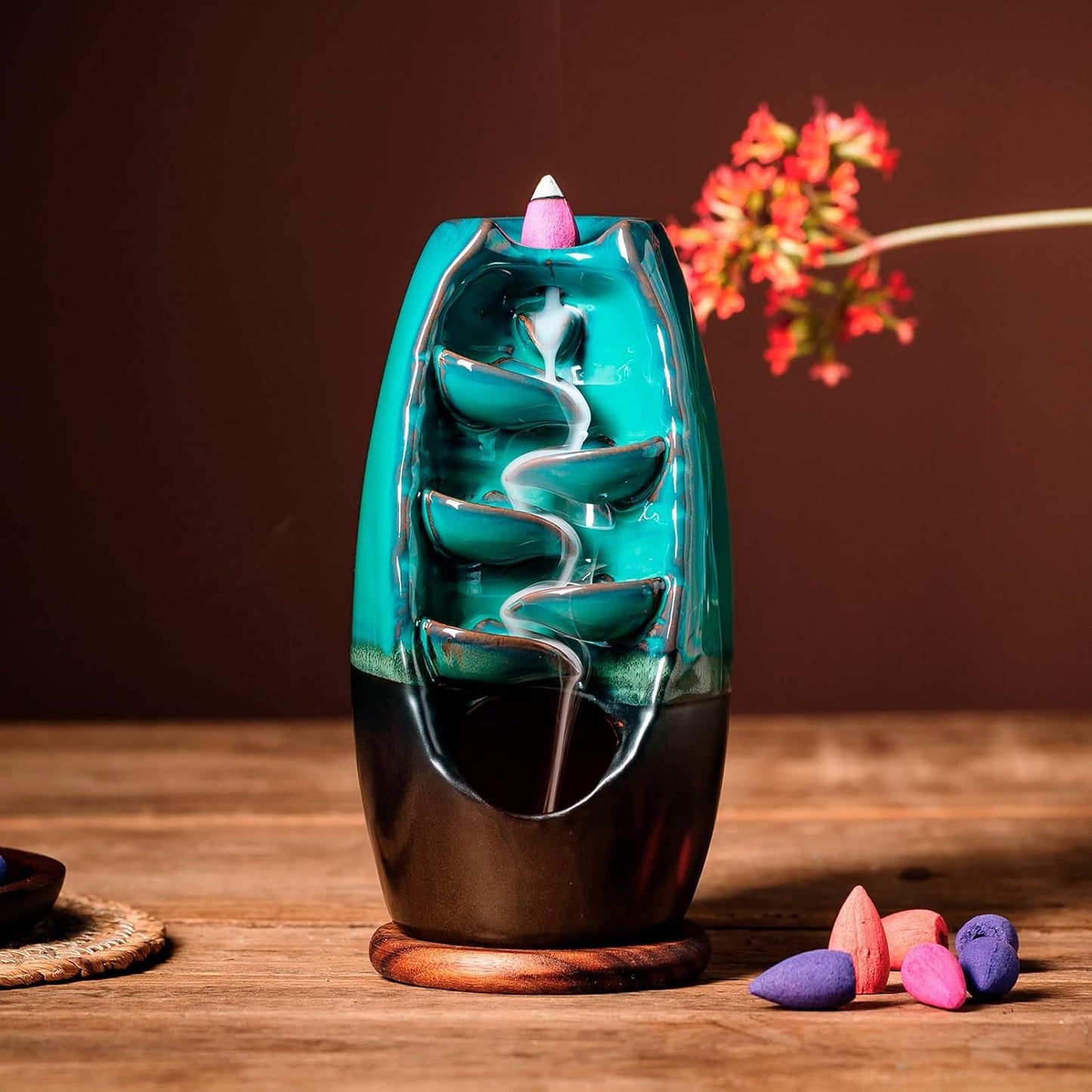 INONE Ceramic Incense Burner with 100 Upgraded Cones, Waterfall Backflow Incense Holder, Aromatherapy Ornament, Zen Decor, Home Decor, Room Decor (Cyan)
