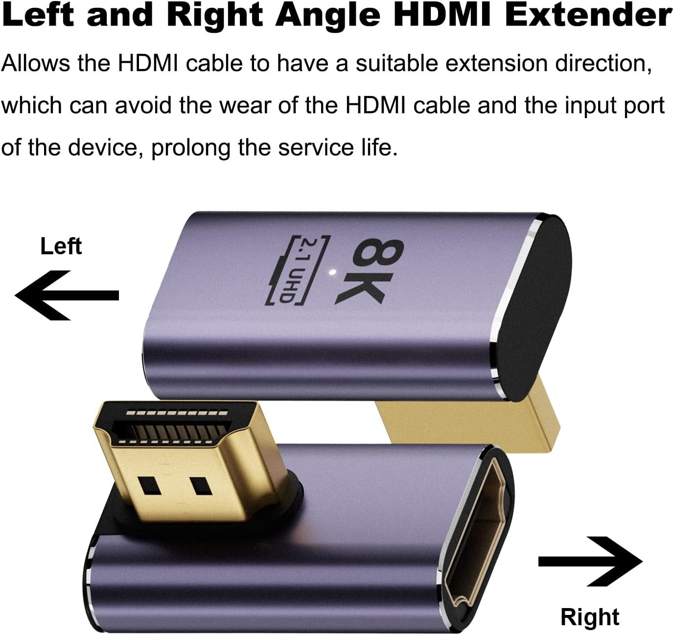 AreMe 8K HDMI 2.1 Right Angle Adapter (2 Pack), Left&Right 90 Degree and 270 Degree HDMI Male to HDMI Female Extender Connector Aluminum Alloy Purple
