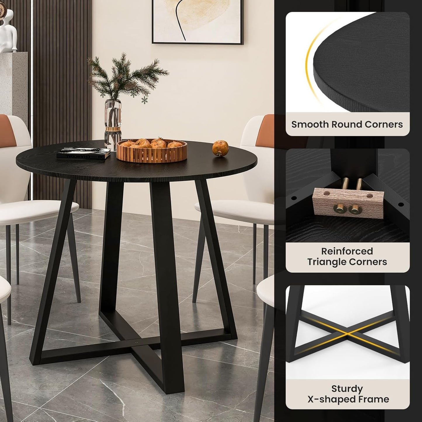 COSTWAY Round Dining Table, Kitchen Table for 4 People with Rubber Wood Frame, Pedestal Base, Farmhouse Rustic Dinning Room Table for Living Room Restaurant Breakfast Nook, Black