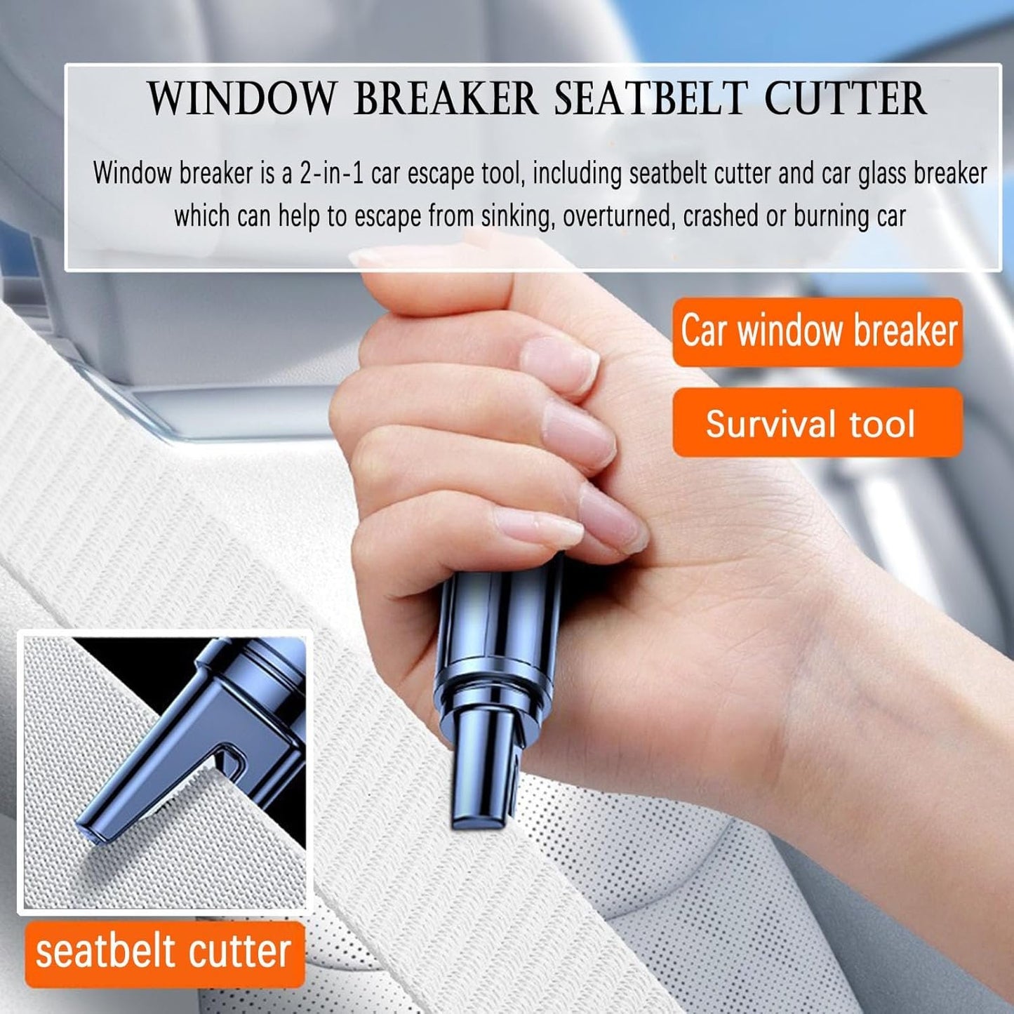 Window Breaker Seatbelt Cutter Hammerdex Car Automotive Emergency Escape Survival Stuff Tool Tools Gadgets Safety Kit, Grey
