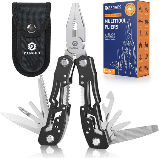 14-in-1 Multitool with Safety Locking, Professional Stainless Steel Multitool Pliers Pocket Knife, Bottle Opener, Screwdriver with Nylon Sheath ，Apply to Survival,Camping, Hunting and Hiking