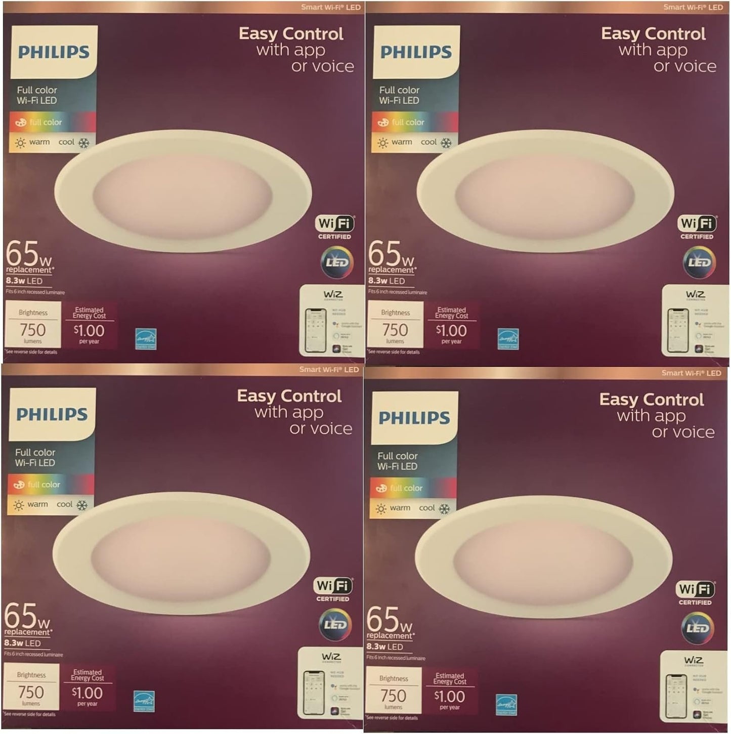 PHILIPS Color and Tunable White 5/6 in. LED 65W Equivalent Dimmable Smart Wi-Fi Wiz Connected Recessed Downlight Kit (4-Pack)