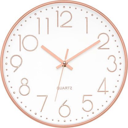 Foxtop Modern Wall Clock 12 Inch Non-Ticking Rose Gold Wall Clock Silent Battery Operated Round Quartz Clock for Living Room Bedroom Home Office School Decor