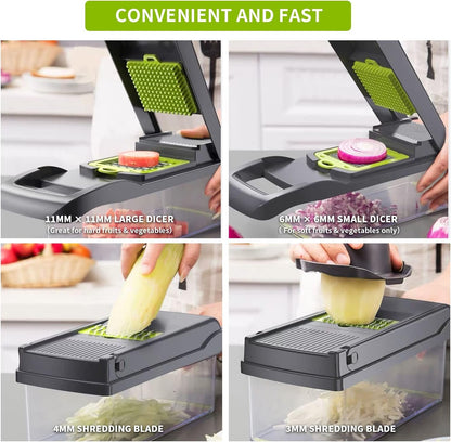 Vegetable Chopper Cutter Slicer Multifunctional 13-in-1 Food Veggie Onion Potato Fruit Chopper Cutter Dicer with Container, 8 Interchangable Blades, Hand Protector, Drain Strainer, Cleaning Brush