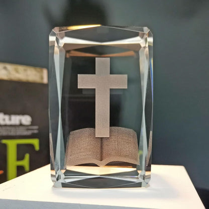 Cross Crystal with Wooden Light Base, Engraved Cross Praying Gifts, Night Light Home Decor, Encouragement Spiritual Gifts