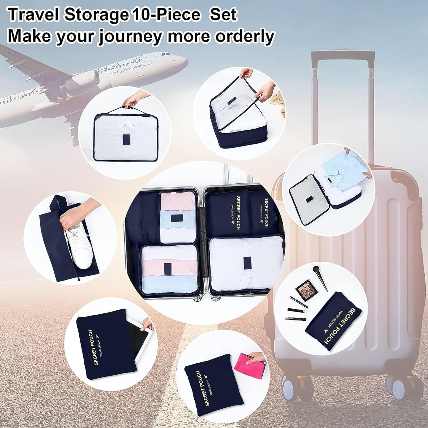 Wirvyuer 7-Piece Waterproof Packing Cube Set Travel Organizer 7 Pieces Cube Travel Organizer Multifunctional Travel Organizers Bags Travel Essentials for Suitcases Navy Blue